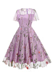 Apricot A Line Printed Tulle 1950s Dress with Short Sleeves