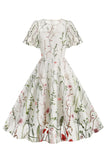 Apricot A Line Printed Tulle 1950s Dress with Short Sleeves