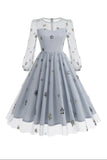 Floral Blue A Line 1950s Dress with Long Sleeves