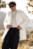 White Fluffy Faux Fur Long Sleeves Men's Cardigan Coat