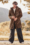 Brown Leopard Print Lapel Collar Faux Fur Mid-Length Men's Winter Coat