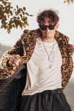 Brown Leopard Print Lapel Collar Faux Fur Mid-Length Men's Winter Coat