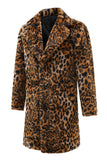 Mid-Length Brown Leopard Print Faux Fur Men's Winter Coat with Lapel Collar