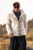 Ivory Faux Fur Zip-Up Hoodie Long Sleeves Men's Winter Coat