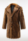 Brown Notched Lapel Long Men's Shearling Coat with Buttons