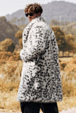 White Black Faux Fur Print Leopard Mid-Length Collar Men's Coat