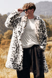 White Black Faux Fur Print Leopard Mid-Length Collar Men's Coat