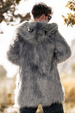 Grey Lapel Solid Color Faux Fur Long Sleeves Winter Men's Coat