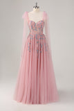 Pink A-Line Long Formal Dress with Appliques