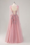 Pink A-Line Long Formal Dress with Appliques