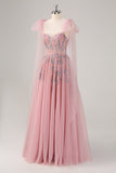 Pink A-Line Long Formal Dress with Appliques