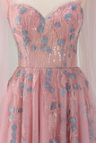 Pink A-Line Long Formal Dress with Appliques