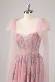 Pink A-Line Long Formal Dress with Appliques