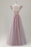 Grey Pink Floral A-Line Long Formal Dress with Short Sleeves