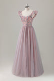 Grey Pink Floral A-Line Long Formal Dress with Short Sleeves