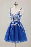 Royal Blue Spaghetti Straps Short Cocktail Dress with Appliques