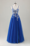 Royal Blue Ball-Gown Long Appliqued Formal Dress with Slit