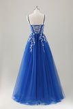 Royal Blue Ball-Gown Long Appliqued Formal Dress with Slit