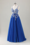 Royal Blue Ball-Gown Long Appliqued Formal Dress with Slit