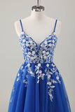 Royal Blue Ball-Gown Long Appliqued Formal Dress with Slit