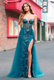 Peacock Blue Mermaid Streamer Strapless Corset Long Formal Dress with Slit