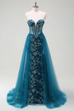 Peacock Blue Mermaid Streamer Strapless Corset Long Formal Dress with Slit