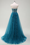 Peacock Blue Mermaid Streamer Strapless Corset Long Formal Dress with Slit