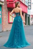 Peacock Blue Mermaid Streamer Strapless Corset Long Formal Dress with Slit