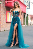 Peacock Blue Mermaid Streamer Strapless Corset Long Formal Dress with Slit