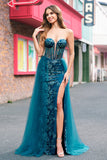 Peacock Blue Mermaid Streamer Strapless Corset Long Formal Dress with Slit