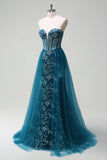 Sparkly Peacock Blue Mermaid Strapless Corset Long Formal Dress with Slit