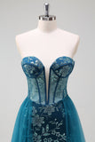 Sparkly Peacock Blue Mermaid Strapless Corset Long Formal Dress with Slit