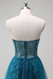 Sparkly Peacock Blue Mermaid Strapless Corset Long Formal Dress with Slit