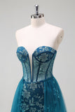 Sparkly Peacock Blue Mermaid Strapless Corset Long Formal Dress with Slit