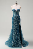 Sparkly Peacock Blue Mermaid Strapless Corset Long Formal Dress with Slit