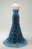 Sparkly Peacock Blue Mermaid Strapless Corset Long Formal Dress with Slit