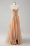 Glitter Champagne A Line Corset Strapless Formal Dress with Slit