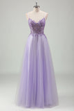 Sparkly Purple A-Line Spaghetti Straps Corset Long Formal Dress with Appliques