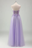 Sparkly Purple A-Line Spaghetti Straps Corset Long Formal Dress with Appliques