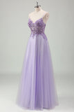 Sparkly Purple A-Line Spaghetti Straps Corset Long Formal Dress with Appliques