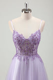 Sparkly Purple A-Line Spaghetti Straps Corset Long Formal Dress with Appliques