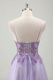 Sparkly Purple A-Line Spaghetti Straps Corset Long Formal Dress with Appliques