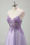 Sparkly Purple A-Line Spaghetti Straps Corset Long Formal Dress with Appliques