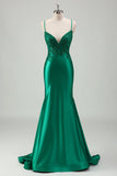 Sparkly Green Mermaid Spaghetti Straps Satin Long Formal Dress with Appliques