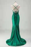 Sparkly Green Mermaid Spaghetti Straps Satin Long Formal Dress with Appliques