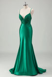 Sparkly Green Mermaid Spaghetti Straps Satin Long Formal Dress with Appliques