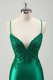 Sparkly Green Mermaid Spaghetti Straps Satin Long Formal Dress with Appliques