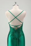 Sparkly Green Mermaid Spaghetti Straps Satin Long Formal Dress with Appliques