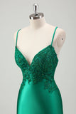 Sparkly Green Mermaid Spaghetti Straps Satin Long Formal Dress with Appliques