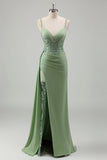 Sparkly Light Green Mermaid Spaghetti Straps Appliques Long Formal Dress with Slit